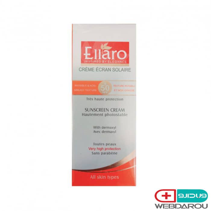 کرم ضد آفتاب بی رنگ SPF +50 انواع پوست الارو Sunscreen Cream Ellaro